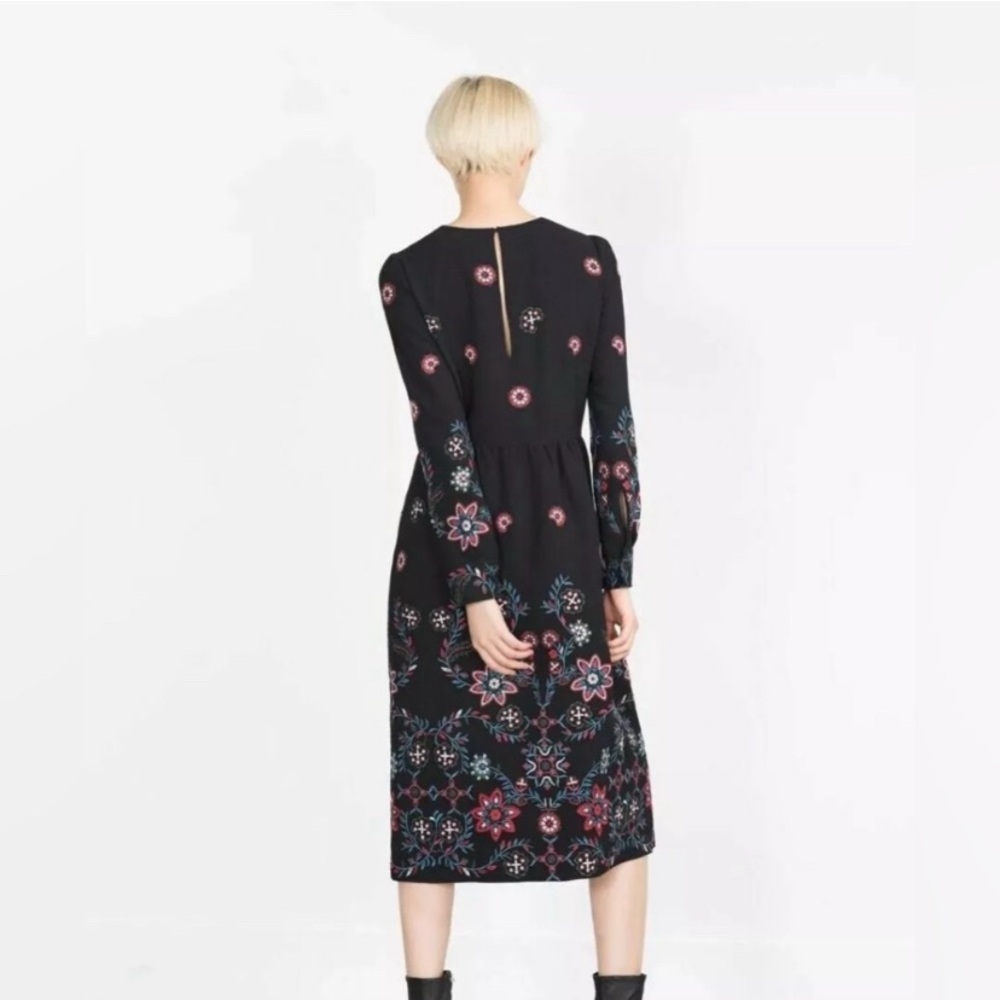 Zara Midi Floral Runways Fav Embroidered Long Sleeves Black Dress M - Picture 3 of 13